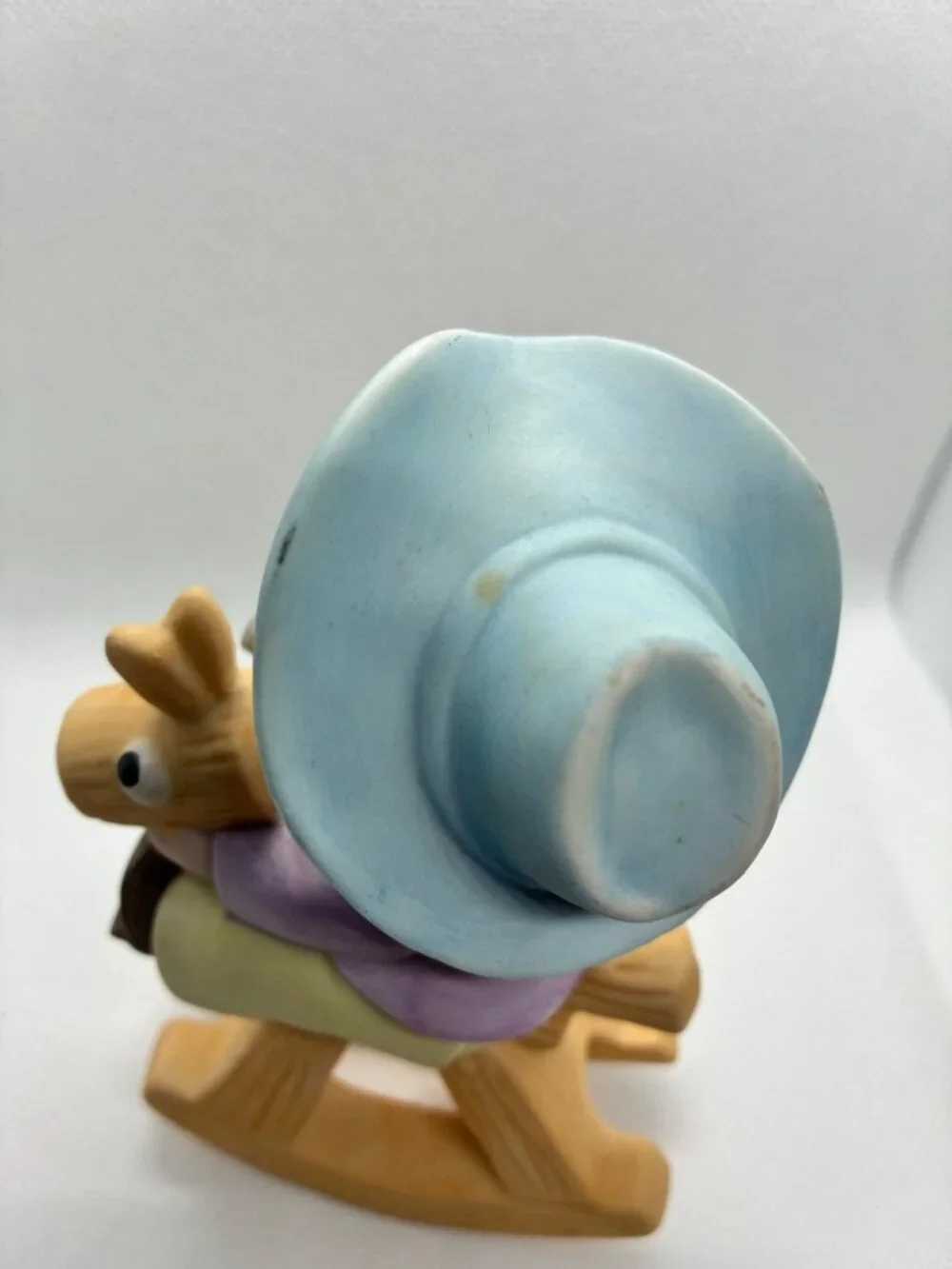 Vintage Ceramic Boy Cowboy on Rocking Horse Figurine Hand Painted Blue Hat